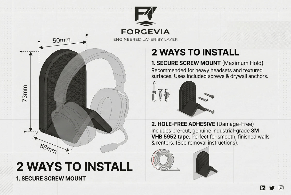 Minimalist Gaming Headset Wall Mount & Headphone Hanger - Clean Desk Setup Accessory