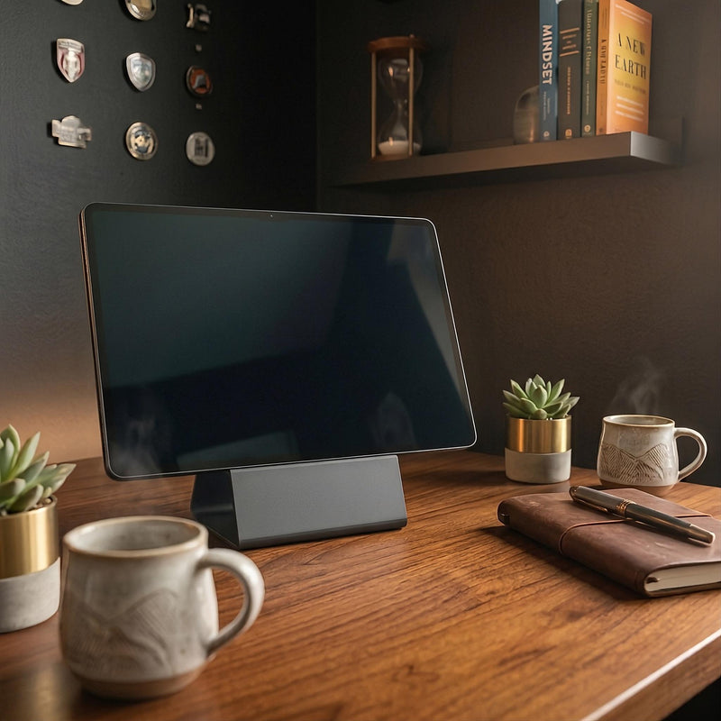 A sleek black tablet on a matching tablet stand on a wooden desk, styled in a cozy home office setting with ceramic mugs, a notebook, and small potted succulents.