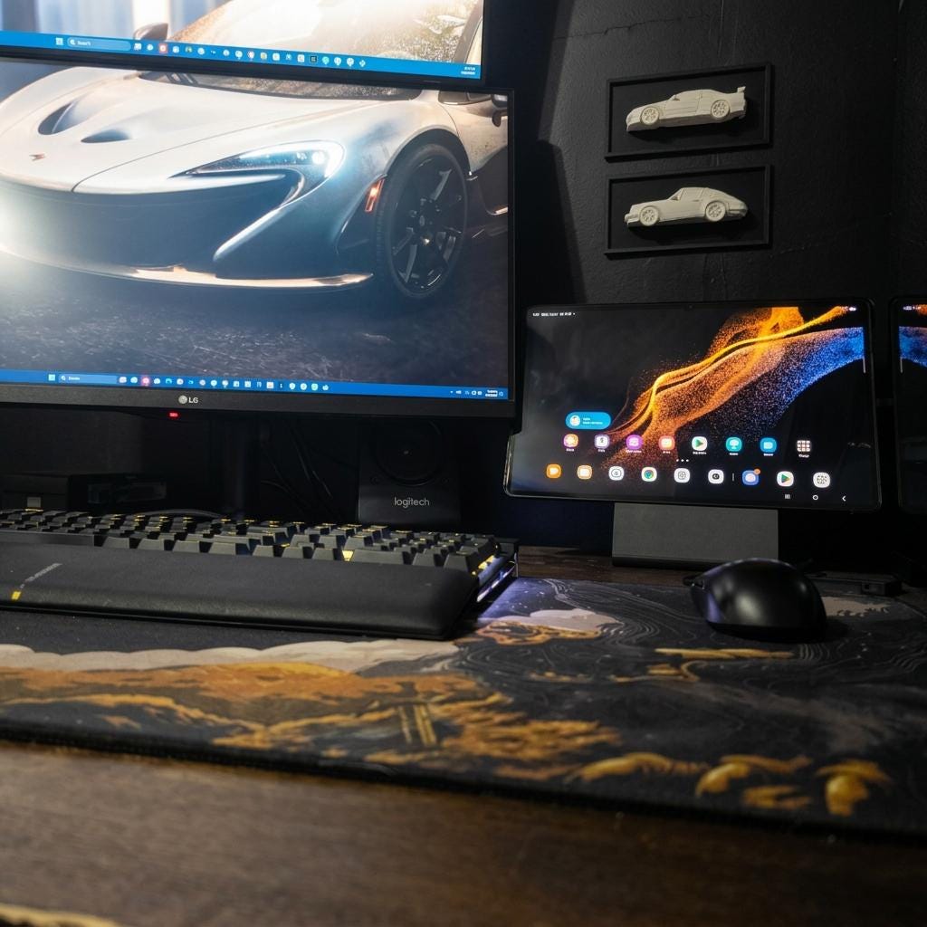 A dark gaming desk setup featuring a large monitor displaying a sports car wallpaper, a Logitech keyboard, a black computer mouse on a large black and gold scenic desk mat, a tablet on a stand, and two small car models mounted on a dark wall.