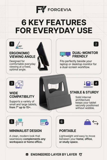 An infographic titled '6 KEY FEATURES FOR EVERYDAY USE' by Forgevia, showing a gray ergonomic monitor stand in six labeled feature boxes with icons and text describing comfort, compatibility, stability, design, and portability.
