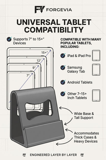 A compatibility infographic for the Forgevia Universal Tablet Compatibility stand. The graphic features a gray 3D rendering of the stand in the foreground, with line drawings of various tablet screens behind it to illustrate support for 7" to 15+ inch devices.